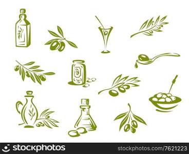 Green olives and organic oil symbols isolated on white background