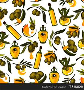 Green olives branches and olive oil seamless background. Wallpaper with vector patterns for kitchen decoration, tile, tablecloth. Greek, spanish, italian cuisine decoration. Green olives branches and olive oil background