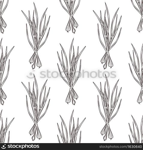 Green onion ink sketch seamless pattern on white background. Monochrome food ingredient backdrop. Natural organic fresh food wallpaper. Vintage hand drawn engraved style. Vector illustration. Green onion ink sketch seamless pattern. Monochrome food ingredient backdrop.