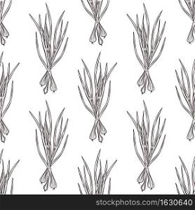 Green onion ink sketch seamless pattern on white background. Monochrome food ingredient backdrop. Natural organic fresh food wallpaper. Vintage hand drawn engraved style. Vector illustration. Green onion ink sketch seamless pattern. Monochrome food ingredient backdrop.