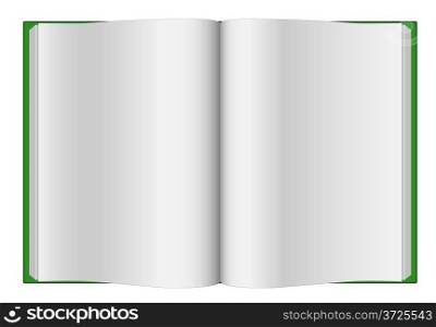 Green opened hardcover book isolated on white background.