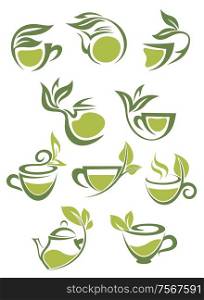 Green or herbal tea icons with leaves for fresh beverage design