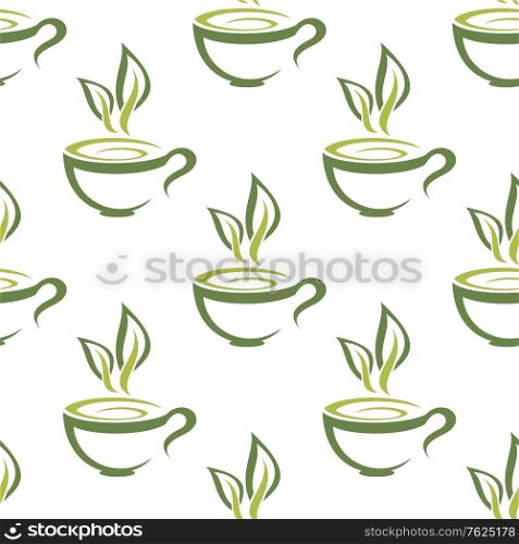 Green organic cups of steaming herbal tea seamless background pattern for a healthy hot beverage in square format