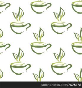 Green organic cups of steaming herbal tea seamless background pattern for a healthy hot beverage in square format