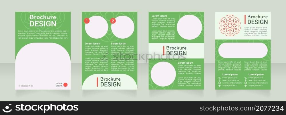 Green ornamental blank brochure design. Template set with copy space for text. Premade corporate reports collection. Editable 4 paper pages. Roboto Light, Medium, Itim Regular fonts used. Green ornamental blank brochure design