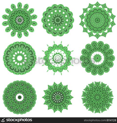 Green Ornamental Line Pattern. Round Texture. Oriental Geometric Ornament.. Green Ornamental Line Pattern. Round Texture. Oriental Geometric Ornament
