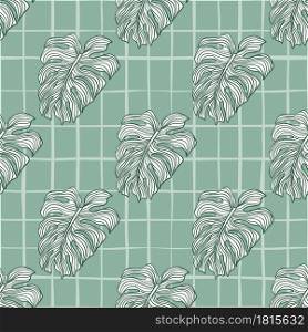 Green outline contoured seamless pattern with doodle monstera shapes print. Chequered background. Decorative backdrop for fabric design, textile print, wrapping, cover. Vector illustration.. Green outline contoured seamless pattern with doodle monstera shapes print. Chequered background.