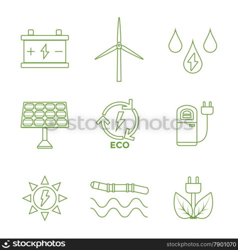 green outline recycle ecology energy icons. vector green outline recycle ecology energy icons set white background