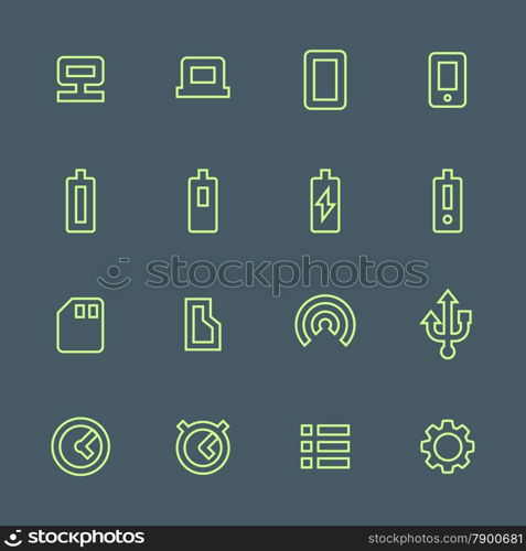 green outline various device icons set. vector light green outline various device icons set on dark background