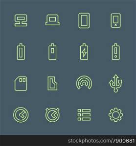green outline various device icons set. vector light green outline various device icons set on dark background