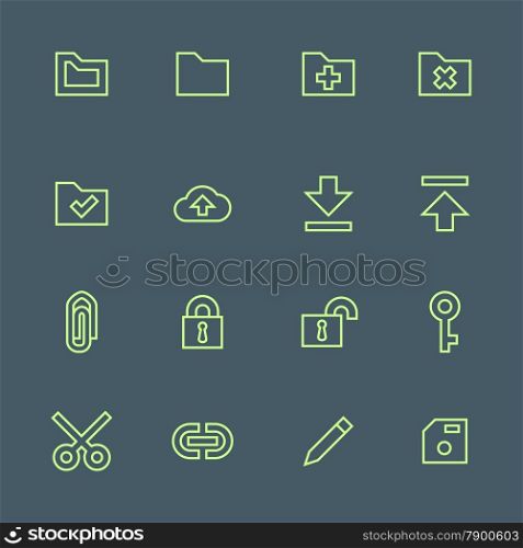 green outline various file actions icons set. vector light green outline various file actions icons set on dark background