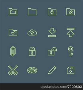 green outline various file actions icons set. vector light green outline various file actions icons set on dark background