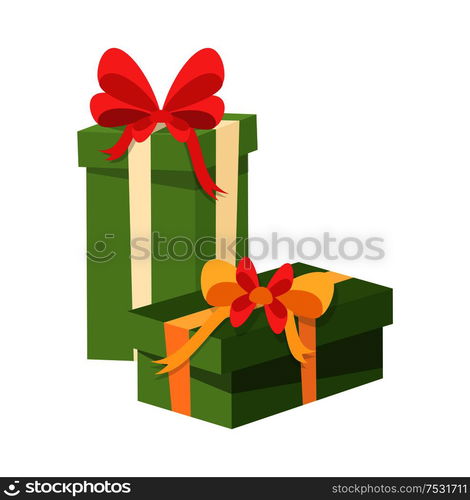 Green packages decorated by red and yellow bows vector isolated. Christmas presents, shopping surprises, parcels in decorative wrapping isolated. Green Packages Decorated by Red and Yellow Bows