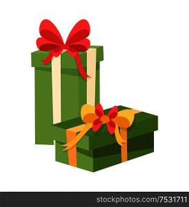 Green packages decorated by red and yellow bows vector isolated. Christmas presents, shopping surprises, parcels in decorative wrapping isolated. Green Packages Decorated by Red and Yellow Bows