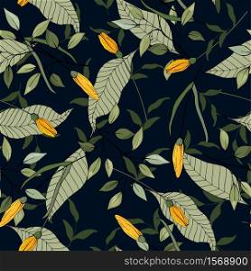 Green palm tropical hand drawing vector illustration on dark background in beach style. Free painting of summer leaf and yellow exotic flora, nature motifs with flowers. Seamless hawaii pattern