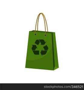 Green paper shopping bag with recycling symbol icon in cartoon style on a white background. Green paper shopping bag with recycling symbol