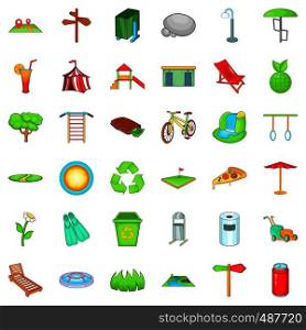 Green park icons set. Cartoon style of 36 green park vector icons for web isolated on white background. Green park icons set, cartoon style