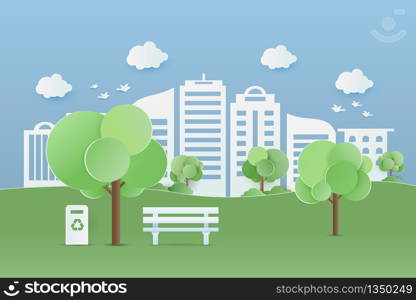 Green Park in Cityscape. exercise and relax. Green grass and tree in garden on cloud and blue sky background.Paper art vector illustration