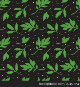 Green parsley leaves on black background. Health vector illustration. Seamless pattern.