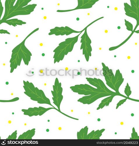 Green parsley leaves on white background. Health vector illustration. Seamless pattern.