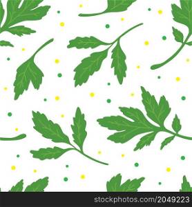 Green parsley leaves on white background. Health vector illustration. Seamless pattern.