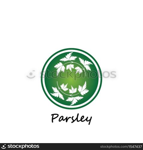Green parsley twig, shoot, sprig. Icon Isolated on white. Logo for eco company, agriculture, nature firm, ecology, healthy organic and farm fresh food. Vector Illustration. kitchen herbs