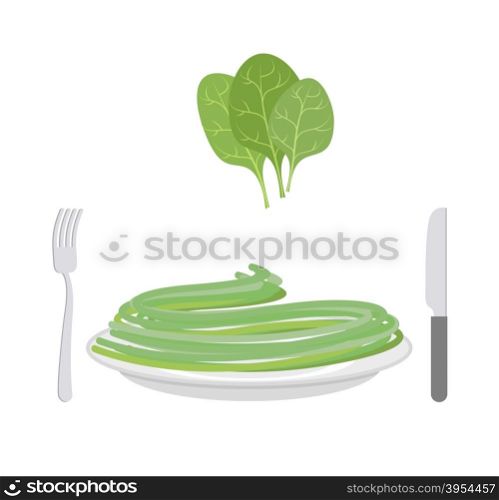 Green pasta with ingredient spinach. Spaghetti on a plate. Vector illustration of delicatessen food&#xA;