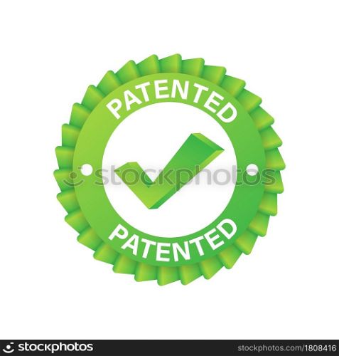 Green patented label on blue ribbon on white background. Vector stock illustration. Green patented label on blue ribbon on white background. Vector stock illustration.