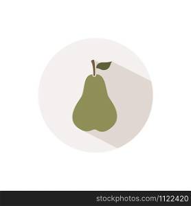 Green pear. Icon with shadow on a beige circle. Fall flat vector illustration