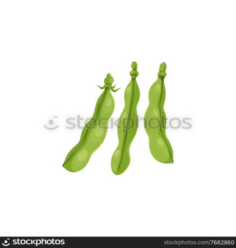 Green peas or bean pods, farm agriculture plants and seeds vector isolated icon. Green peas pods vegetable food, kidney or chickpea and bean, farm harvest symbol. Green peas, bean pods, farm agriculture plant icon