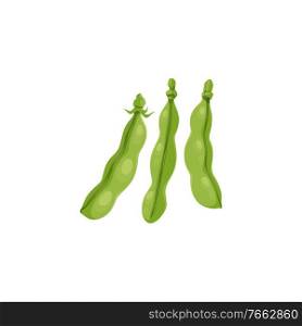 Green peas or bean pods, farm agriculture plants and seeds vector isolated icon. Green peas pods vegetable food, kidney or chickpea and bean, farm harvest symbol. Green peas, bean pods, farm agriculture plant icon