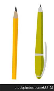 Green pen and yellow pencil vector cartoon illustration isolated on white background.. Green pen and yellow pencil vector illustration.