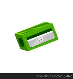 Green pencil sharpener isolated school stationery tool. Vector plastic sharpener with metal blade. Plastic pencil sharpener isolated school supplies