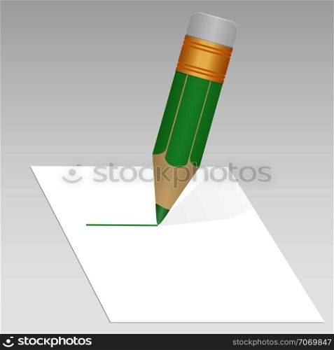 Green pencil with eraser and a line drawn on a piece of paper.