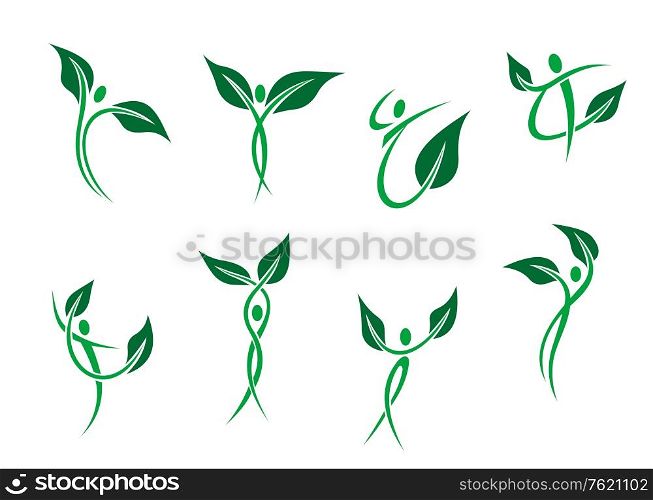 Green peoples with leaves as environment and ecology symbols