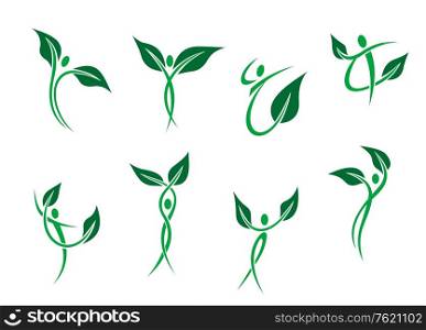 Green peoples with leaves as environment and ecology symbols