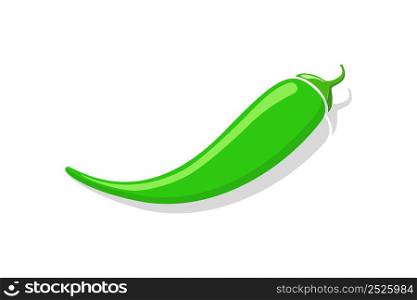 Green pepper. Green mild chili. Cayenne paprika. Pepper icon with shadow isolated on white background. Mild hot spicy chili. Illustration of vegetable. Food logo. Vector.