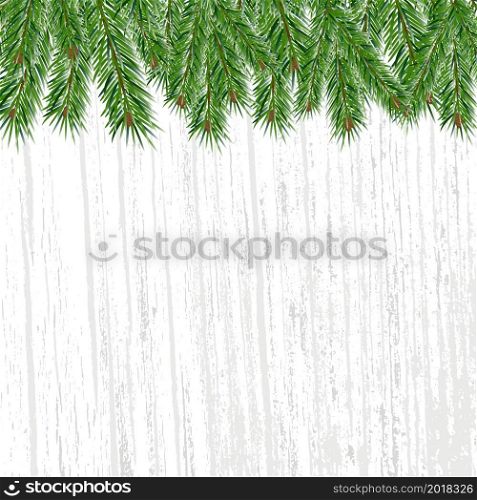 Green pine branches on gray wooden background. Place for text. Vector Christmas and New Year background.. Green pine branches on gray wooden background.
