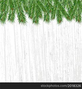 Green pine branches on gray wooden background. Place for text. Vector Christmas and New Year background.. Green pine branches on gray wooden background.