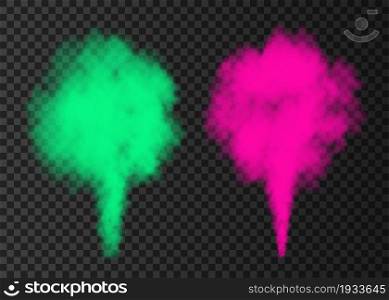 Green, pink smoke burst isolated on transparent background. Color steam explosion special effect. Realistic vector column of fire fog or mist texture .