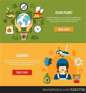 Green Planet Cleaning Banners. Set of two horizontal garbage banners with cleaning icons and recycling pictograms with read more buttons vector illustration