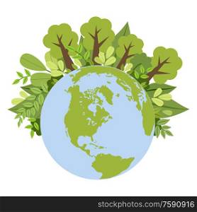Green Planet. Ecological concept. Earth with trees and flowers. Vector illustration