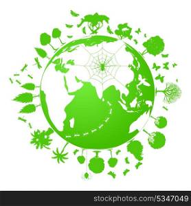Green planet. Green planet of plants and insects. A vector illustration