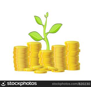 green plant and gold money coins over white background. growth funds economy concept. colorful design. stock vector illustration