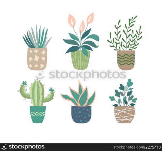 Green plants in pots cartoon set. different potted decorative houseplants for interior design. decoration, gardening, floral collection, isolated on white Free Vector