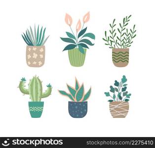 Green plants in pots cartoon set. different potted decorative houseplants for interior design. decoration, gardening, floral collection, isolated on white Free Vector