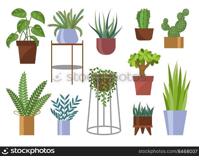 Green plants in pots cartoon vector set. Different potted decorative houseplants for interior design. Decoration, gardening, floral vector collection, isolated on white background.