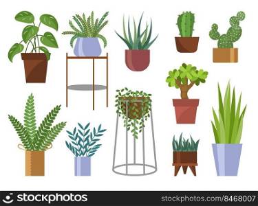 Green plants in pots cartoon vector set. Different potted decorative houseplants for interior design. Decoration, gardening, floral vector collection, isolated on white background.