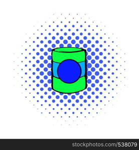 Green plastic jar icon in comics style on a white background. Green plastic jar icon, comics style