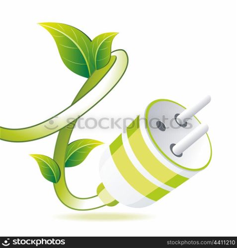 Green plug with leaf on white. Eco symbol.